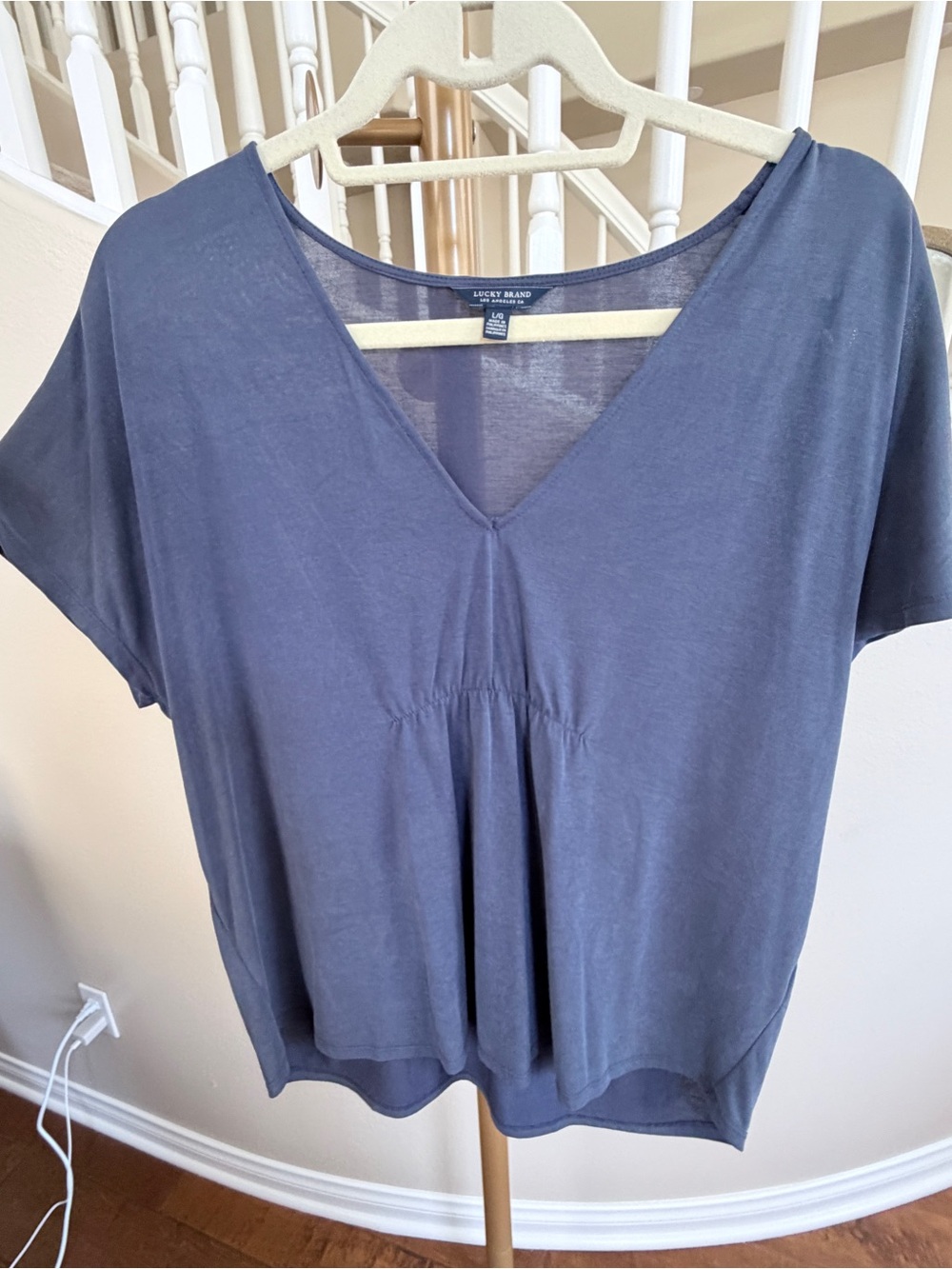 Lucky Brand Slate Blue V-Neck Pleated Short Sleeve Tee